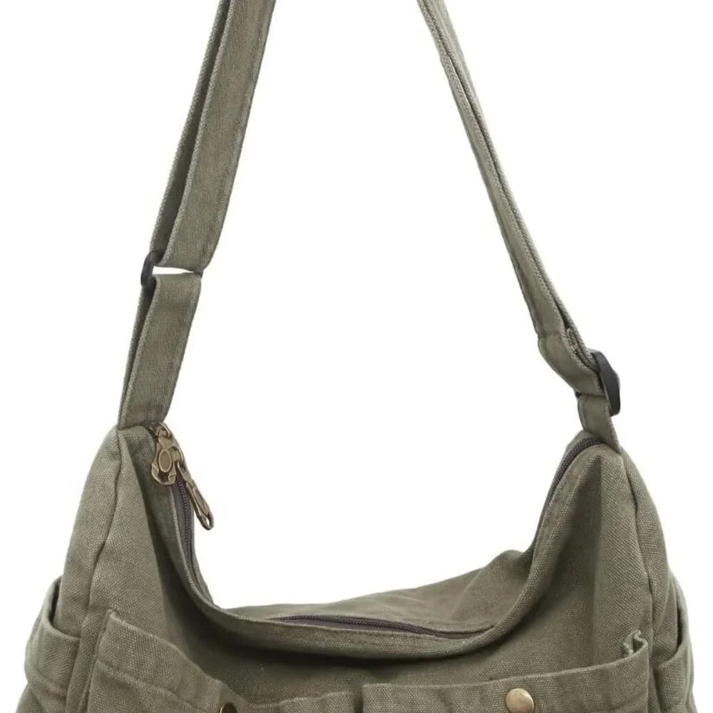 Large Canvas Hobo Bag Unisex Crossbody Tote Multi-Pocket Durable Stylish